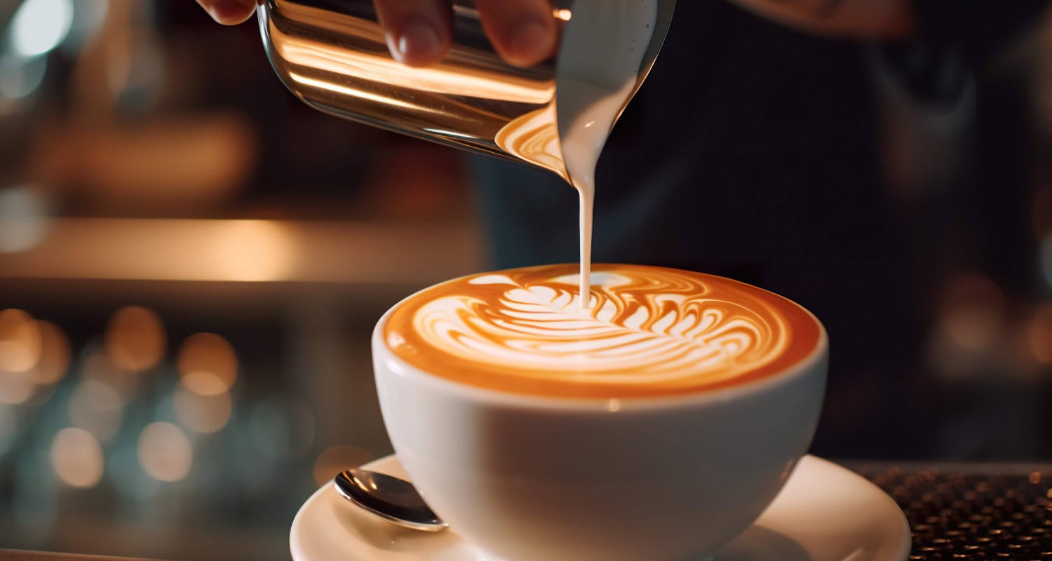 Eine Person gießt Milch in eine Tasse Kaffee. Generatives KI-Bild.