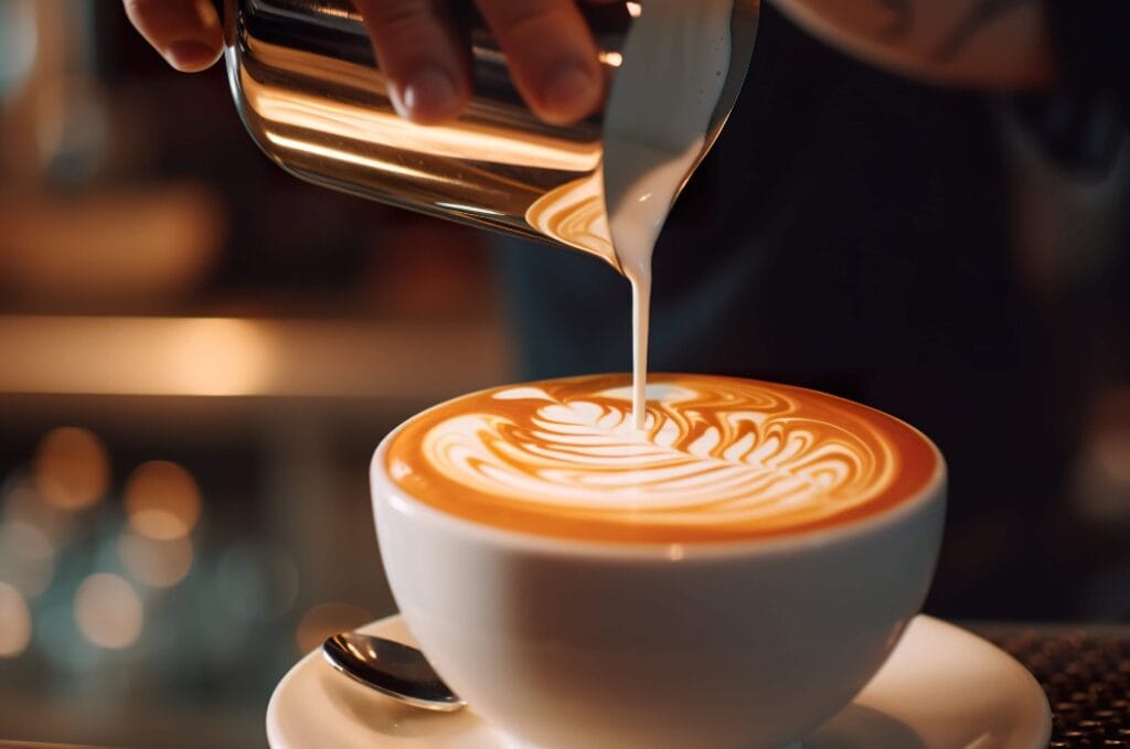 Eine Person gießt Milch in eine Tasse Kaffee. Generatives KI-Bild.